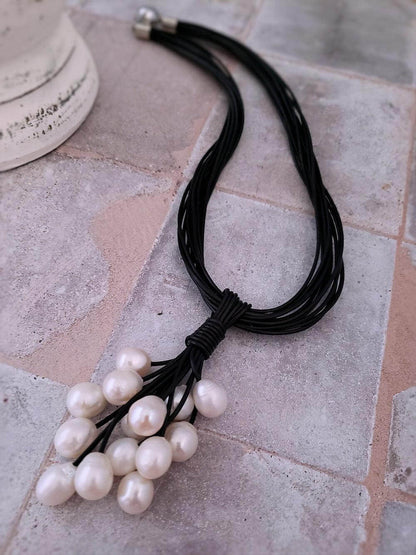 Leather and Pearl Cluster Necklace - Brown or Black Leather