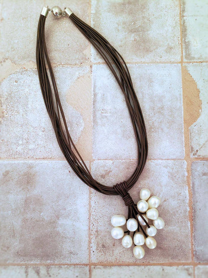 Leather and Pearl Cluster Necklace - Brown or Black Leather