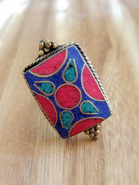 Tibetan Coral Turquoise and Lapis ring - Summer Indigo 