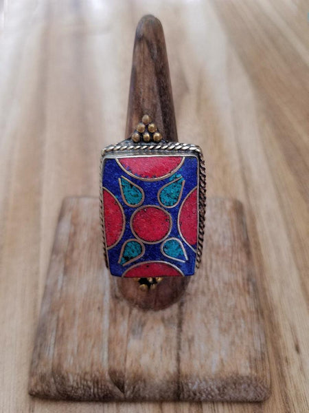 Tibetan Coral Turquoise and Lapis ring - Summer Indigo 