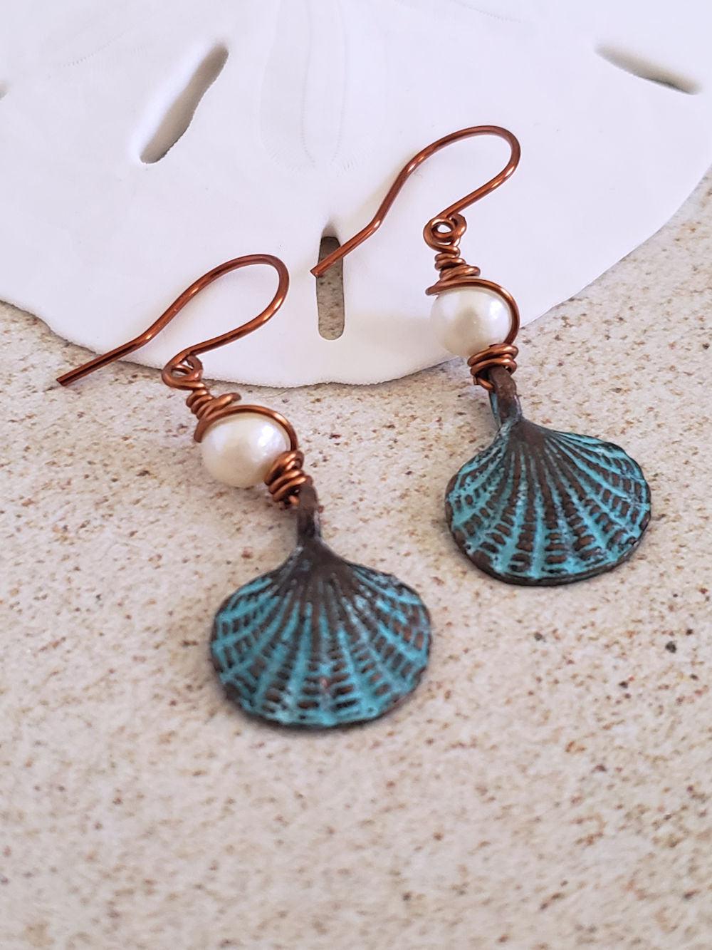 Scallop Sea Shell Earrings - Patina Copper & Pearls  Summer Indigo 