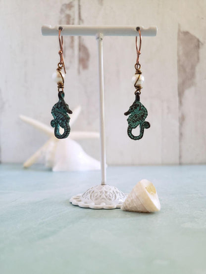 Seahorse Earrings - Pearls & Patina Copper