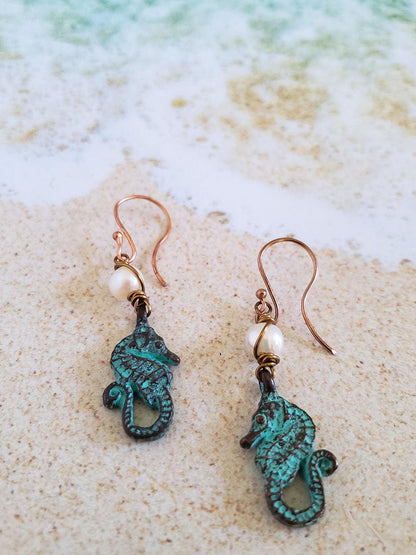 Seahorse Earrings - Pearls & Patina Copper  Summer Indigo 