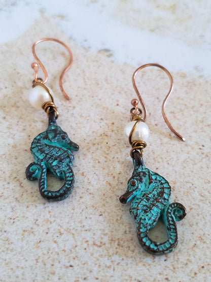 Seahorse Earrings - Pearls & Patina Copper  Summer Indigo 