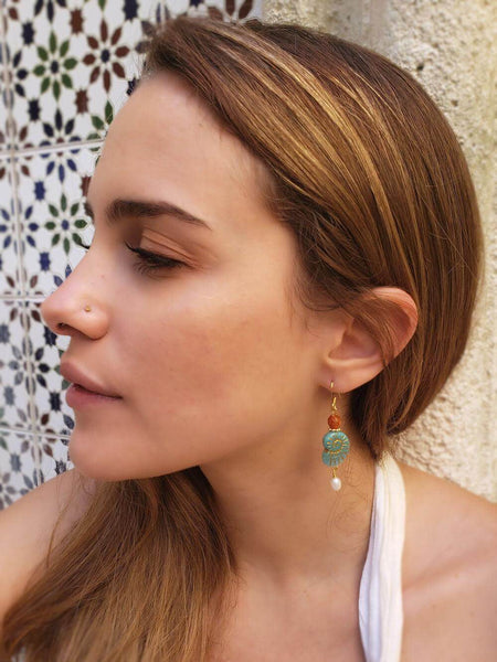 Aqua Shell and Pearl Earrings - Czech Bohemian Glass - On model