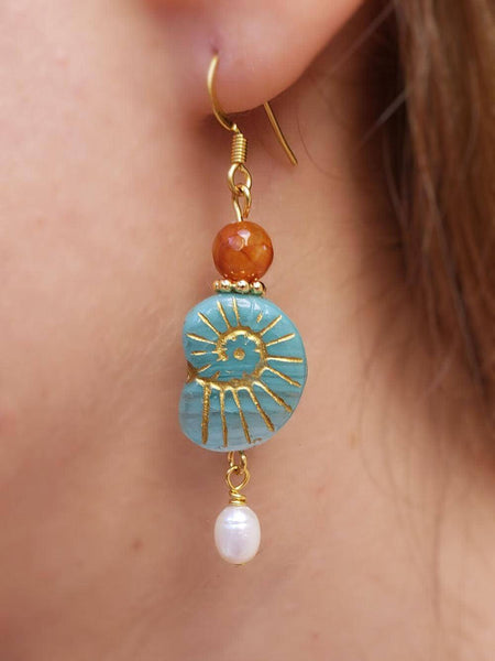 Aqua Shell and Pearl Earrings - Czech Bohemian Glass - On model