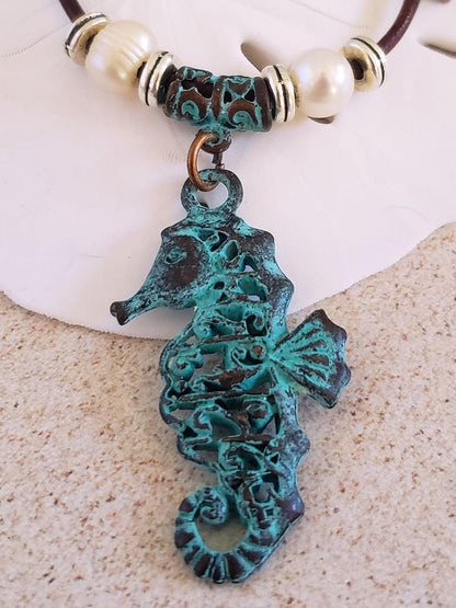 Seahorse Pendant Necklace- Antique Copper & Leather  Summer Indigo 