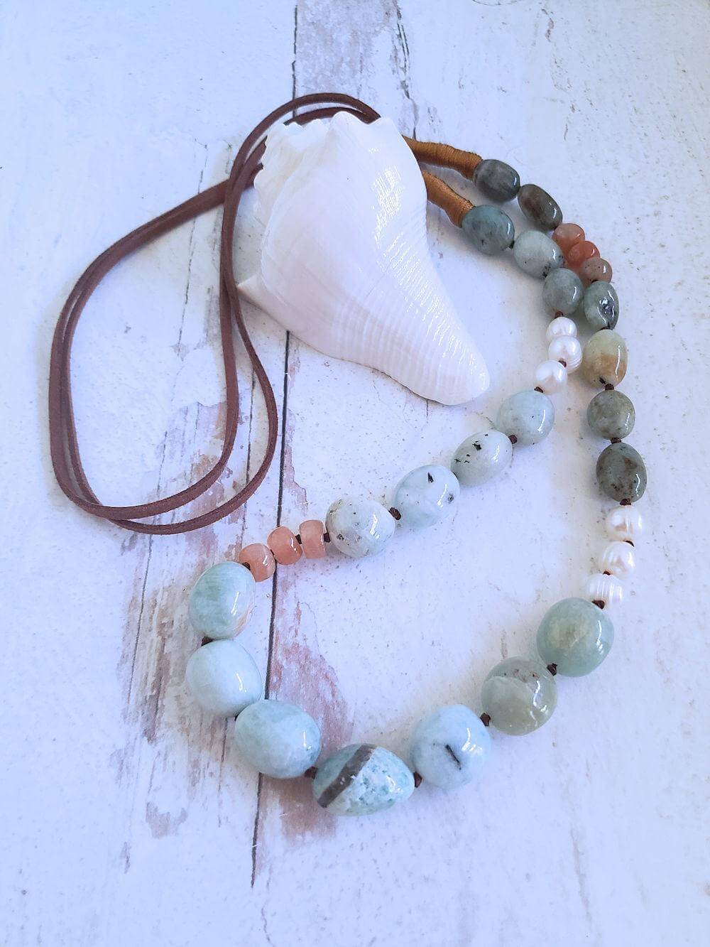 Aquamarine Necklace with Pearls and Pink Moonstone on Suede Cord