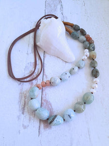 Aquamarine Necklace with Pearls and Pink Moonstone on Suede Cord