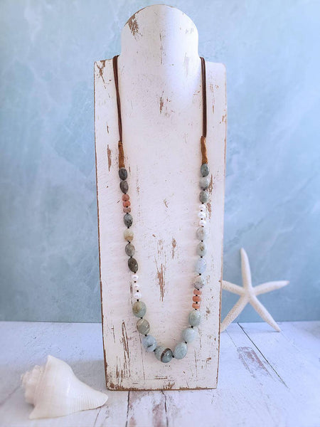 Aquamarine Necklace with Pearls and Pink Moonstone on Suede Cord