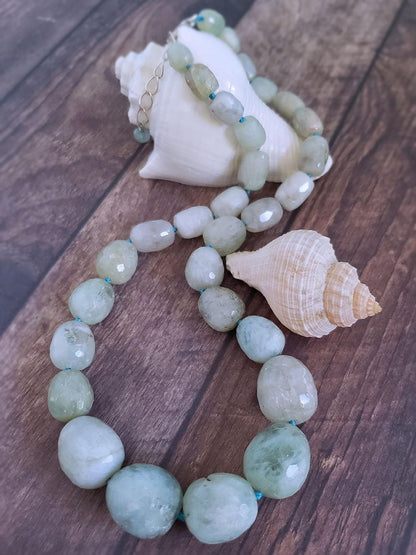 Green Aquamarine Necklace with Barrel Beads  Summer Indigo 