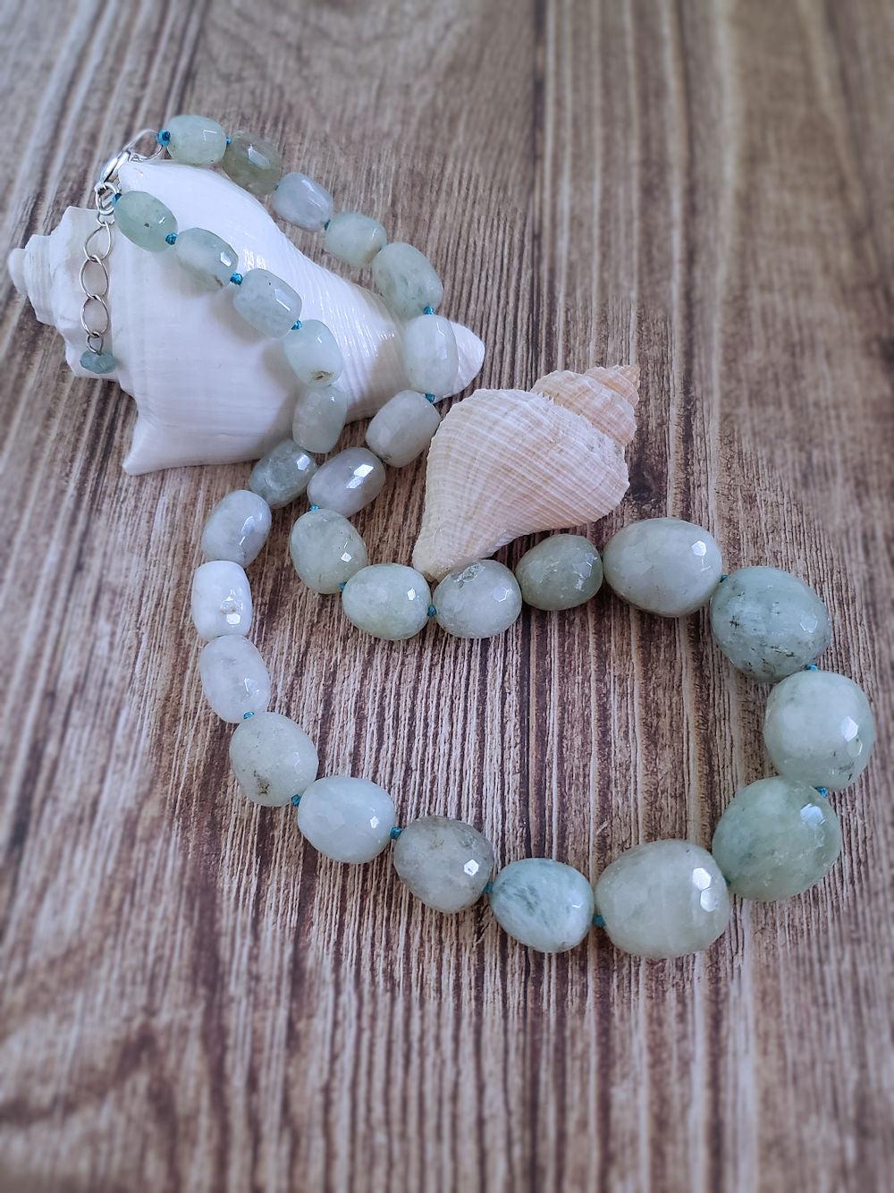 Green Aquamarine Necklace with Barrel Beads  Summer Indigo 