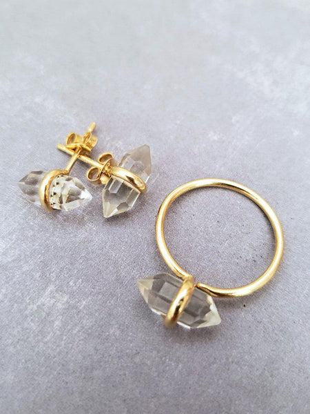 Golden Crystal Point Earrings - Clear Quartz - Summer Indigo 