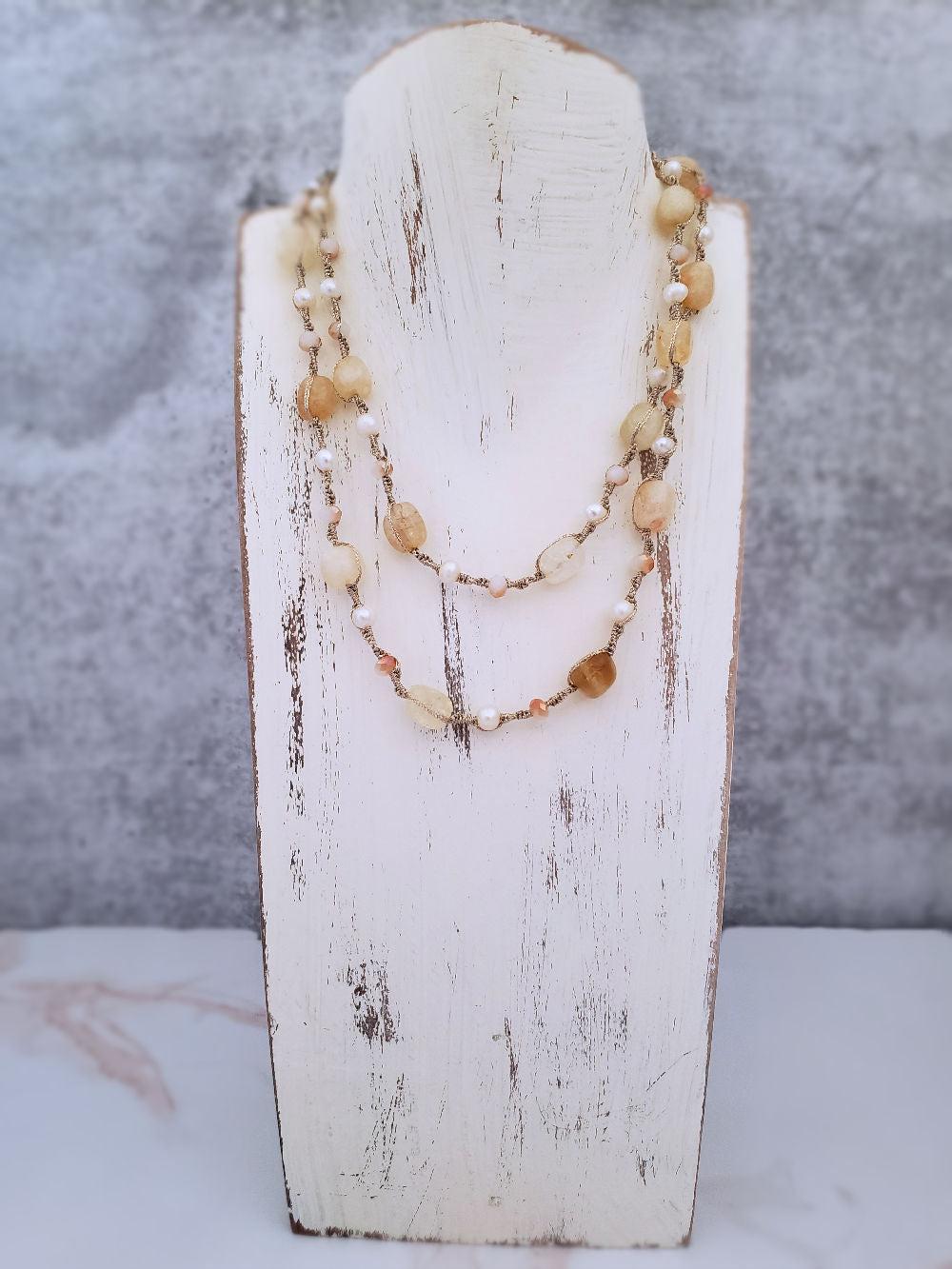 Citrine Necklace with Pearl accents on Macrame