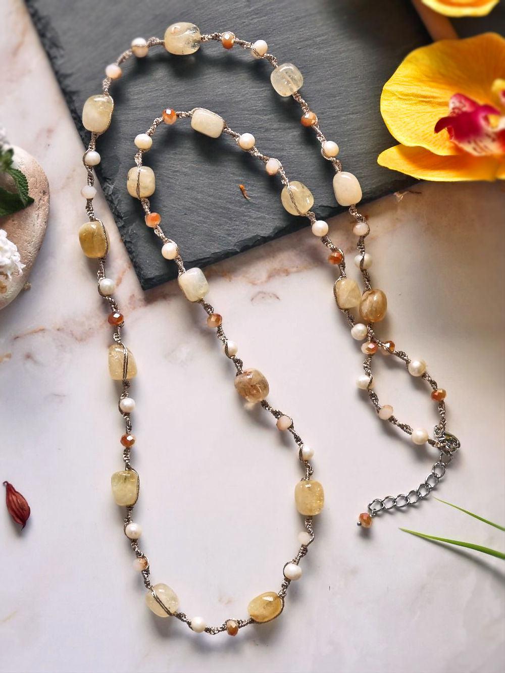 Citrine Necklace with Pearl accents on Macrame