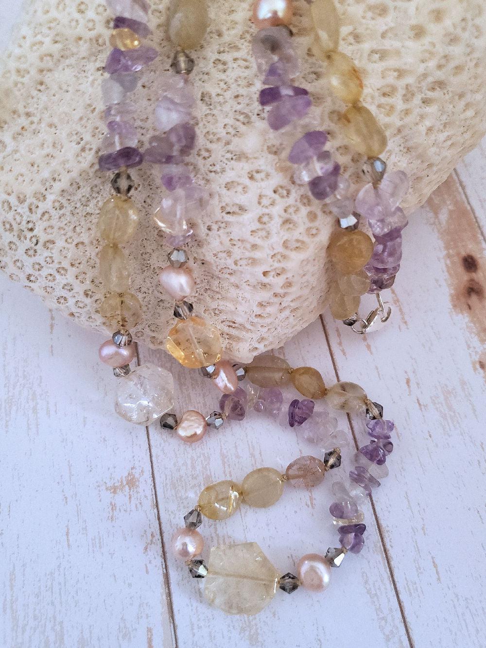Citrine and Amethyst Neckalce with Pearl Accents