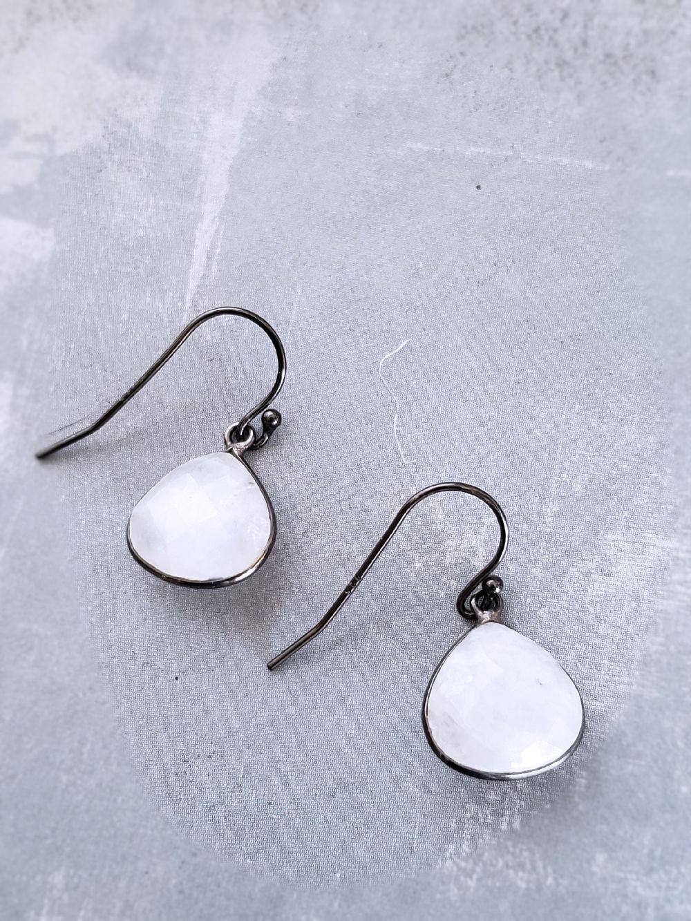 Moonstone Drop Earrings in Oxidized Silver - Summer Indigo 