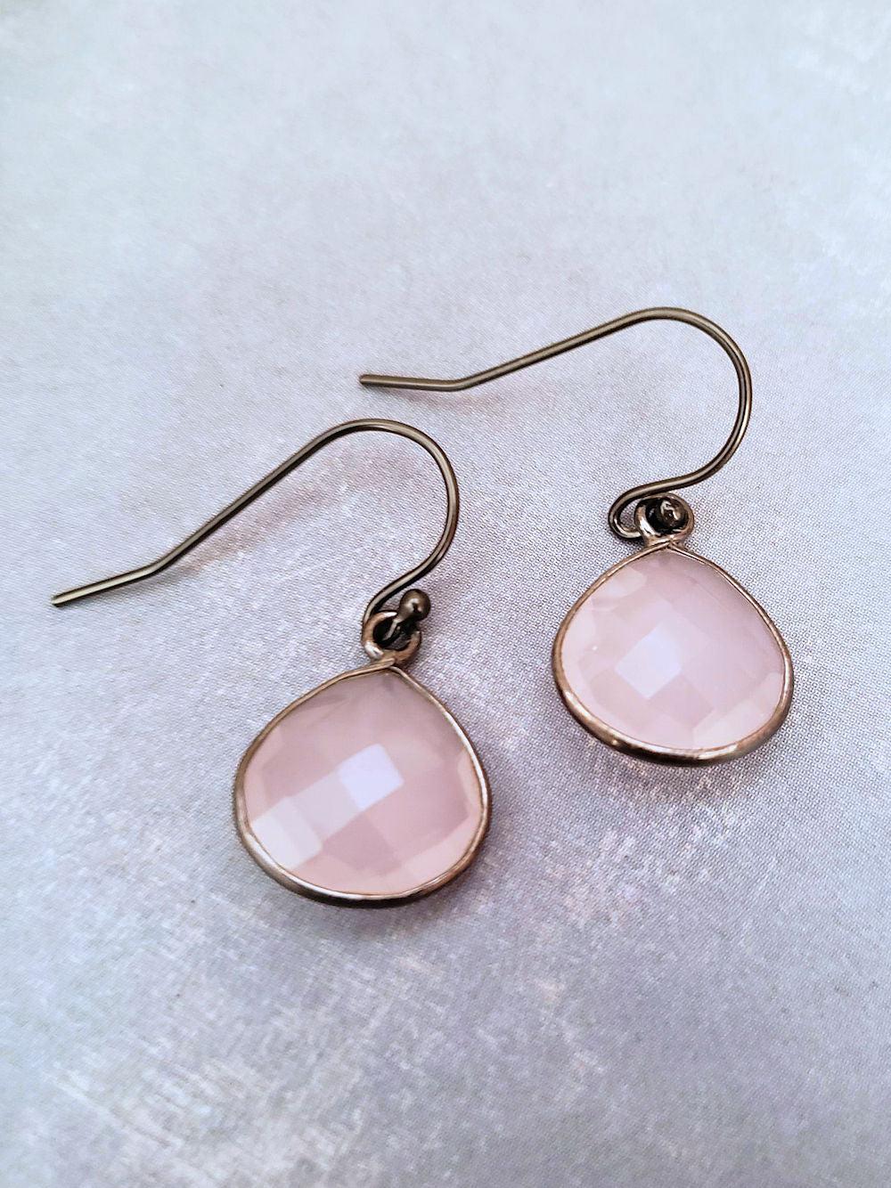 Rose Quartz Earrings - Pear Drop in Silver or 18K Gold over Silver