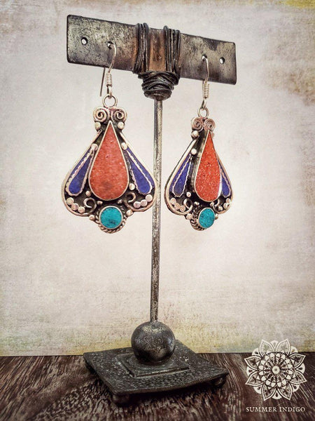 Turquoise and Coral Tribal Earrings - Summer Indigo 