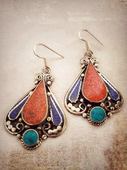 Turquoise and Coral Tribal Earrings  Summer Indigo 