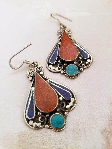 Turquoise and Coral Tribal Earrings - Summer Indigo 