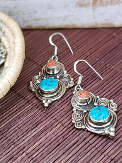 Turquoise Earrings with Coral Accent - Summer Indigo 