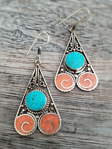Coral and Turquoise Earrings from Tibet - Summer Indigo 