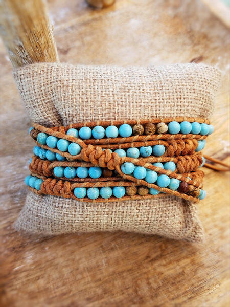 Wrap Bracelet - Magnesite & Jasper on Leather - Summer Indigo 