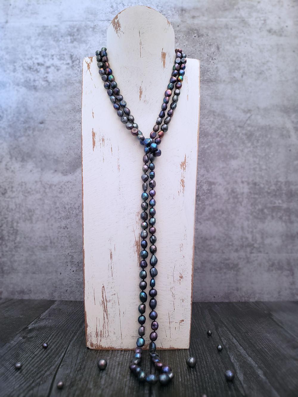 Peacock Pearl Necklace - Knotted Rope  Summer Indigo 
