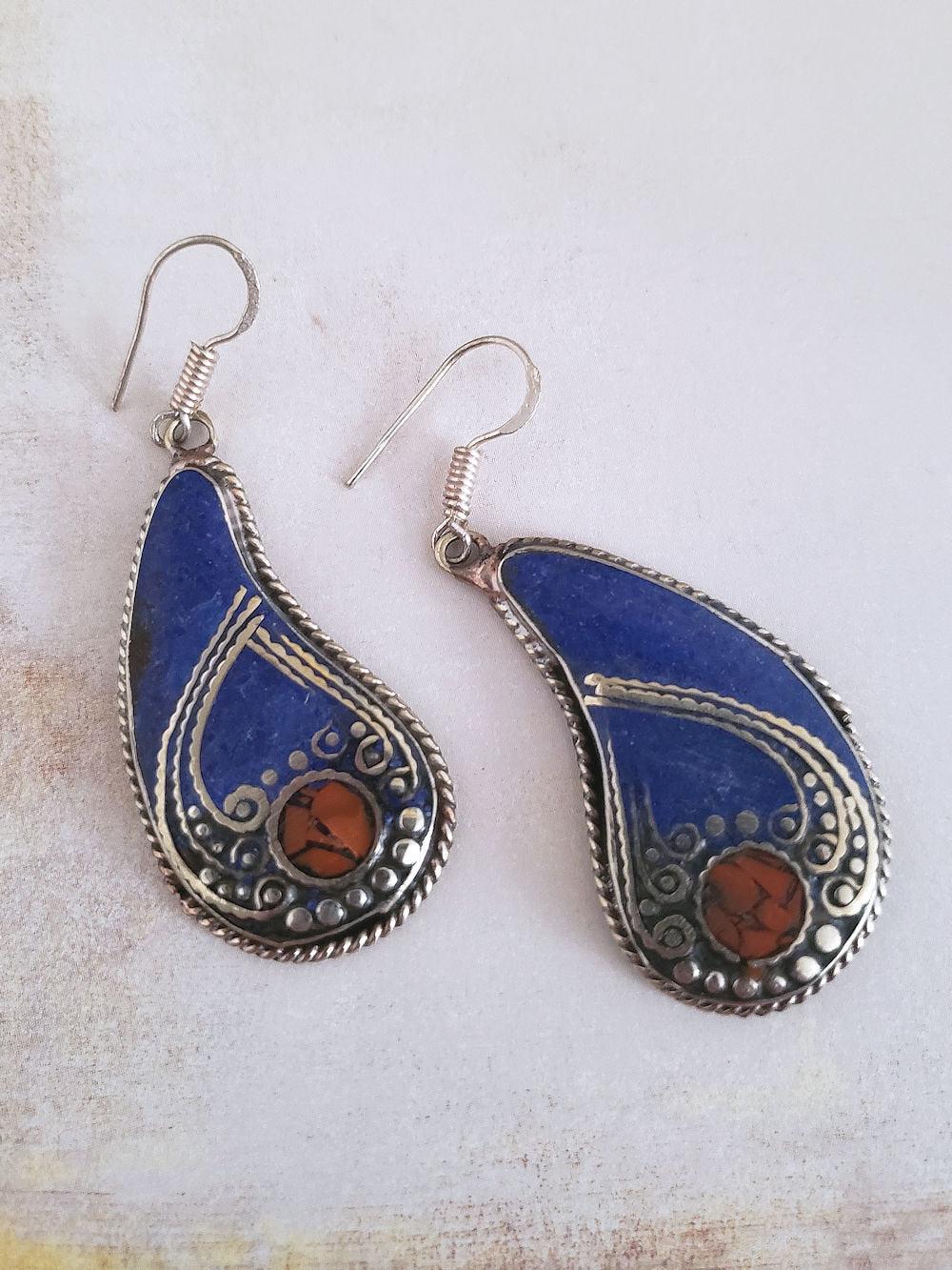 Tibetan Earrings - Lapis or Turquoise Paisleys  Summer Indigo 