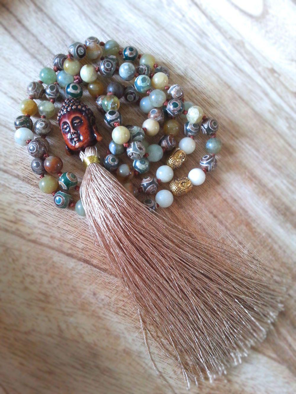 Buddha Necklace - Dzi Beads  Summer Indigo 