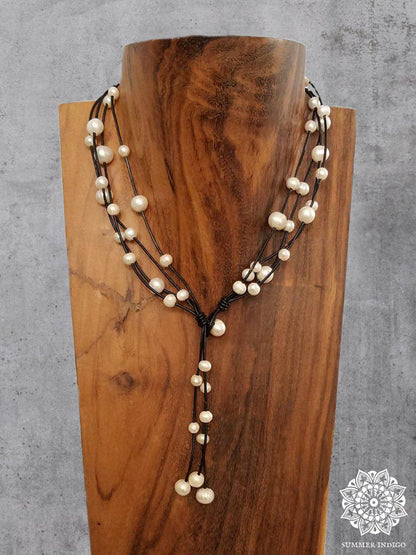 Leather and Pearl Necklace - Convertible  Summer Indigo 