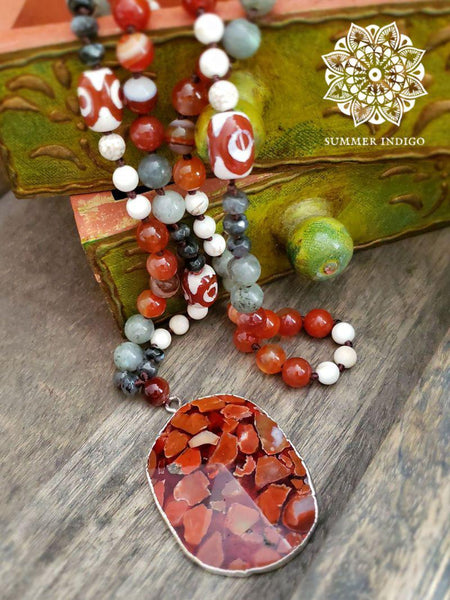 Carnelian Necklace with Dzi Beads and Labradorite - Summer Indigo 