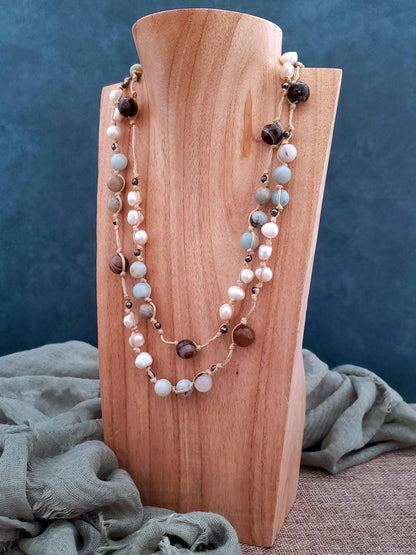 Amazonite and Pearl Lariat Necklace - Summer Indigo 
