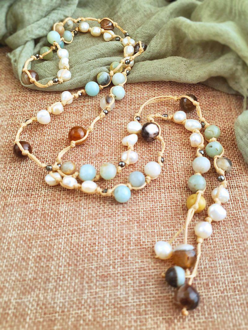 Amazonite and Pearl Lariat Necklace