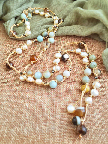 Amazonite and Pearl Lariat Necklace - Summer Indigo 