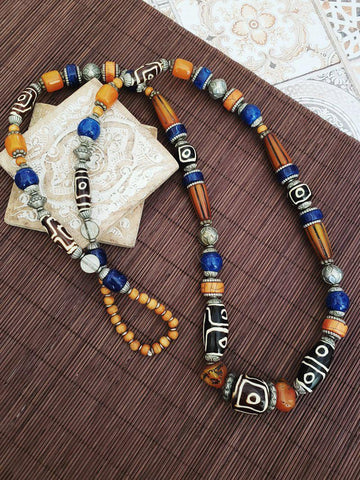 Long Tribal Style Necklace - Blue Orange - Summer Indigo 