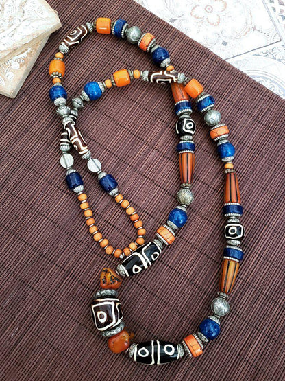 Long Tribal Style Necklace - Blue Orange  Summer Indigo 