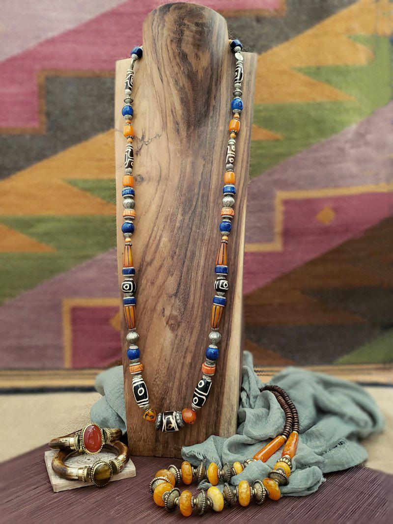 Long Tribal Style Necklace - Blue Orange  Summer Indigo 