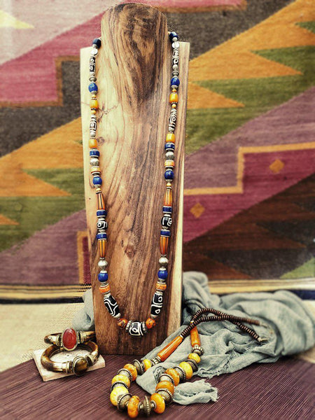 Long Tribal Style Necklace - Blue Orange - Summer Indigo 