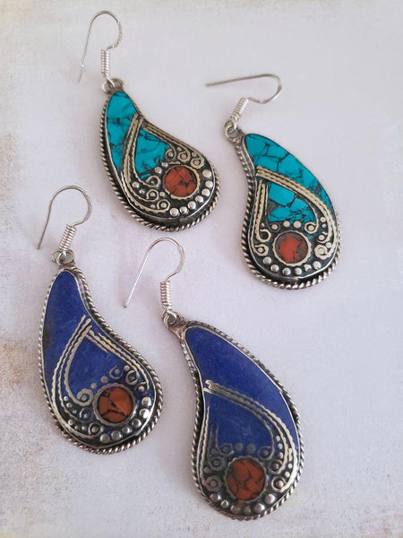 Tibet Earrings - Lapis or Turquoise Paisleys - Summer Indigo 