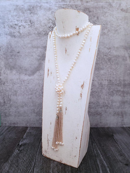 Lariat Pearl Necklace - Crystal Tassels - Summer Indigo 