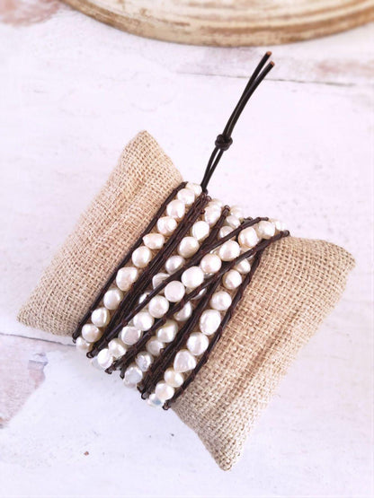 Pearl and Leather Bracelet - White Pearls  Summer Indigo 