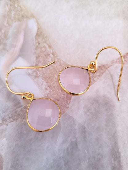 Rose Quartz Earrings - Pear Drop in Silver or 18K Gold over Silver