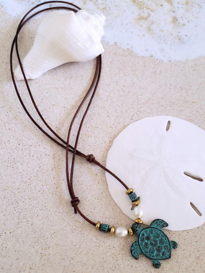 Sea Turtle Necklace- Antique Copper & Leather  Summer Indigo 