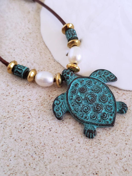 Sea Turtle Necklace- Antique Copper & Leather  Summer Indigo 