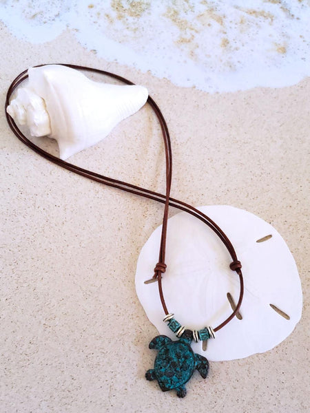 Sea Turtle Necklace- Antique Copper & Leather