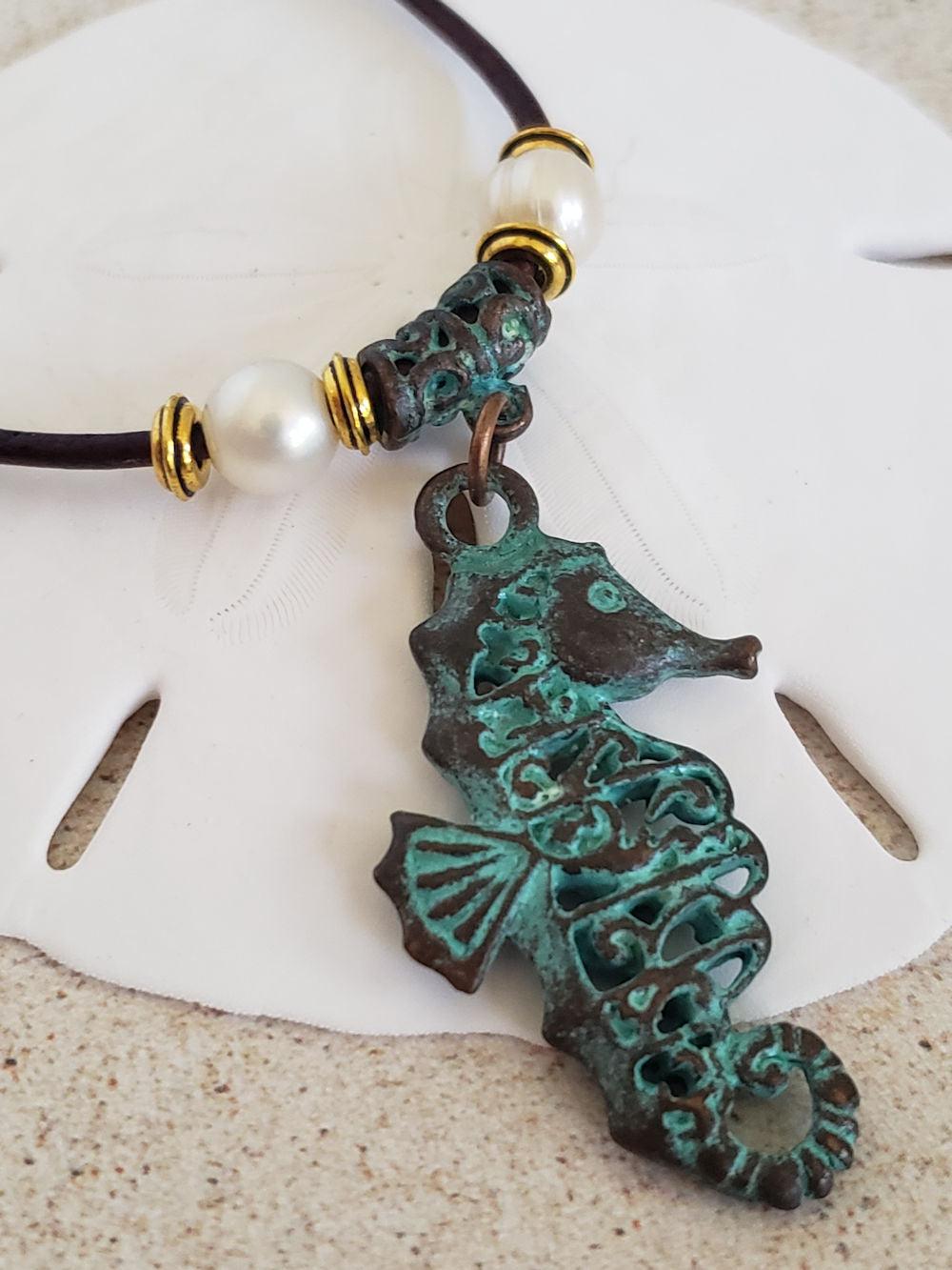 Seahorse Pendant Necklace- Antique Copper & Leather