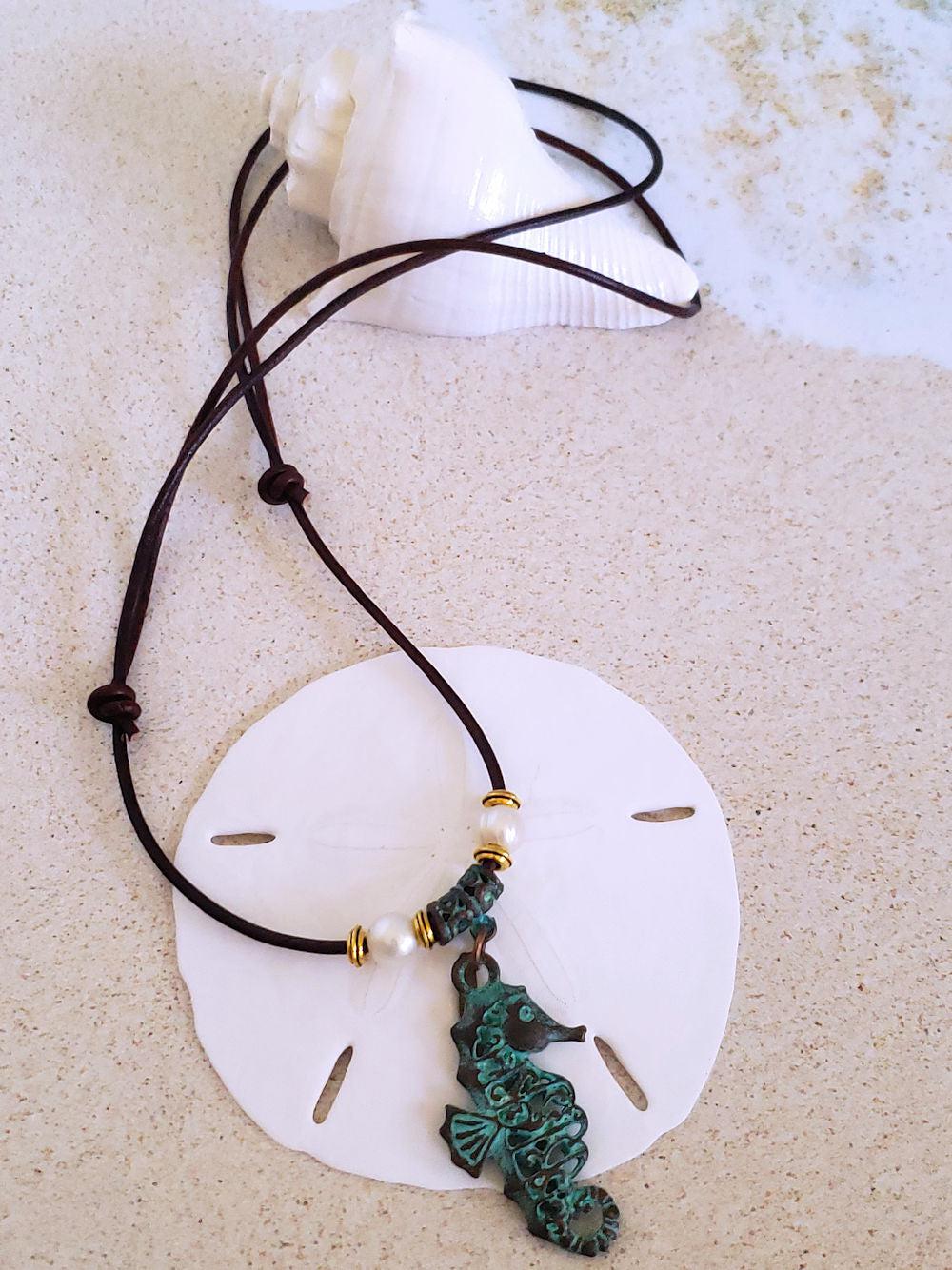 Seahorse Pendant Necklace- Antique Copper & Leather  Summer Indigo 