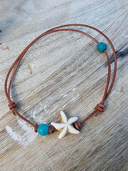 Beachy Starfish Leather Anklets or Bracelets - Summer Indigo 